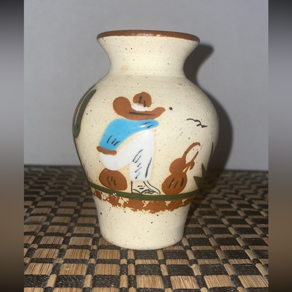 Southwestern Mexico Folk Art Hand Painted Pottery Vase Signed 4” Boy Man Sitting